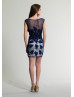 Fitted Sheer Neck Navy Blue Lace Knee Length Cocktail Dress